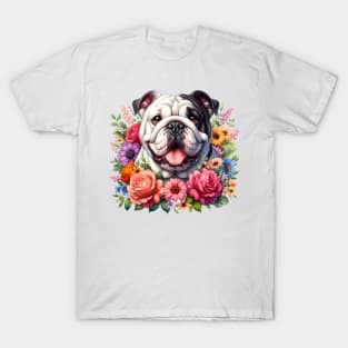 An English bulldog with beautiful colorful flowers T-Shirt